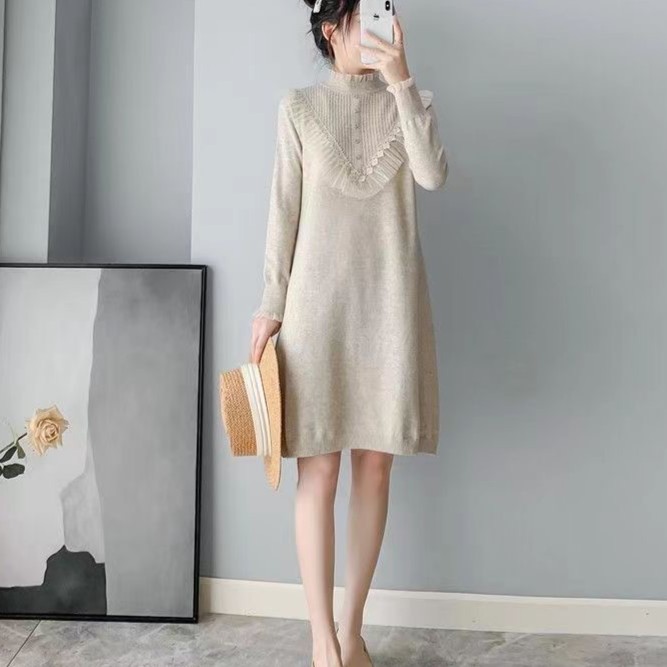 中长款蕾丝花边针织连衣裙长袖半高领春秋内搭长款毛衣裙Z727