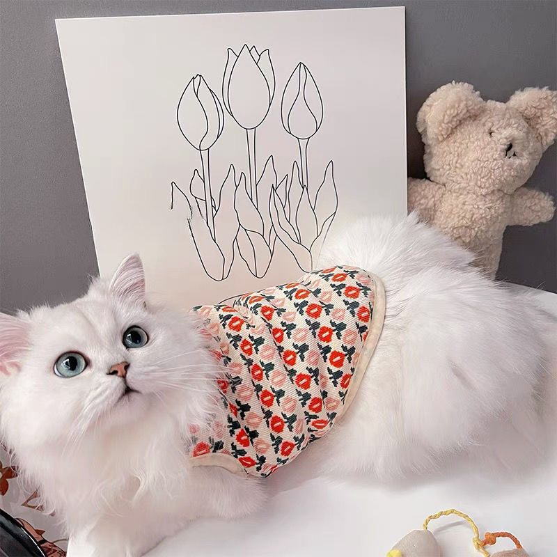 加绒复古郁金香马甲 猫咪衣服冬季无袖 幼猫保暖背心英短宠物狗狗