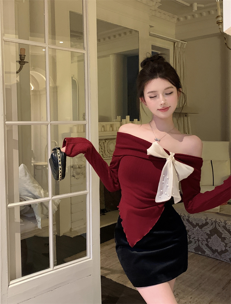 一字肩系带蝴蝶结仿羊绒加厚打底衫圣诞红不规则长袖上衣打底衫in