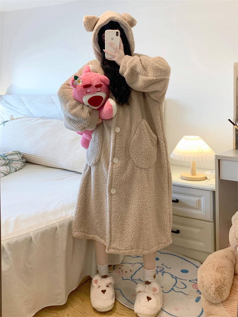 2023年秋冬季新款加厚保暖韩版宽松睡袍女装连帽显瘦长款家居服潮