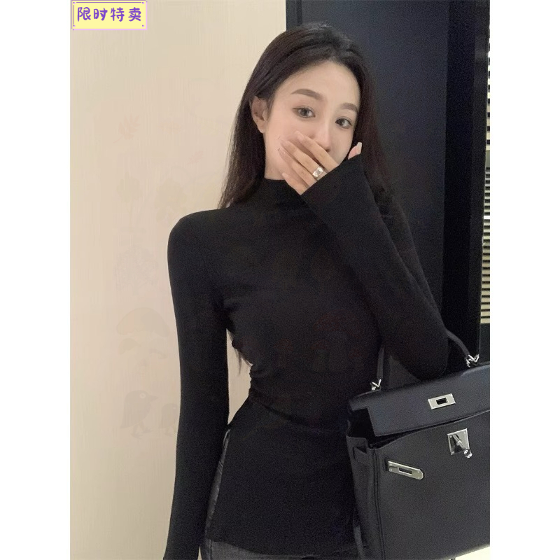 半高领长袖打底衫女秋冬季内搭修身开叉别致上衣显瘦气质黑色百搭