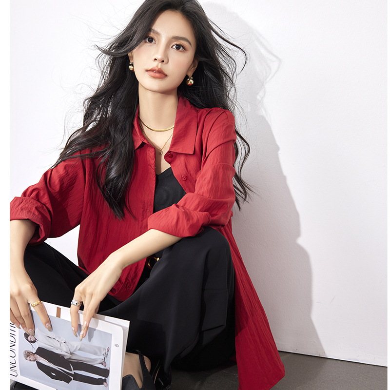 复古红色衬衫上衣女2023早秋新款慵懒风宽松长袖衬衣小众法式外套
