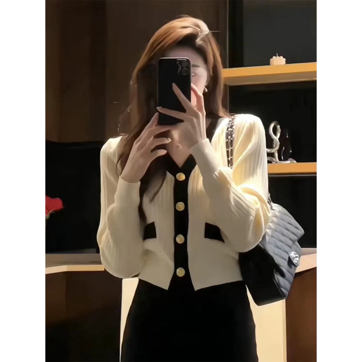 G法式温柔香风V领拼色单排扣长袖针织开衫毛衣外套女春季潮流上衣