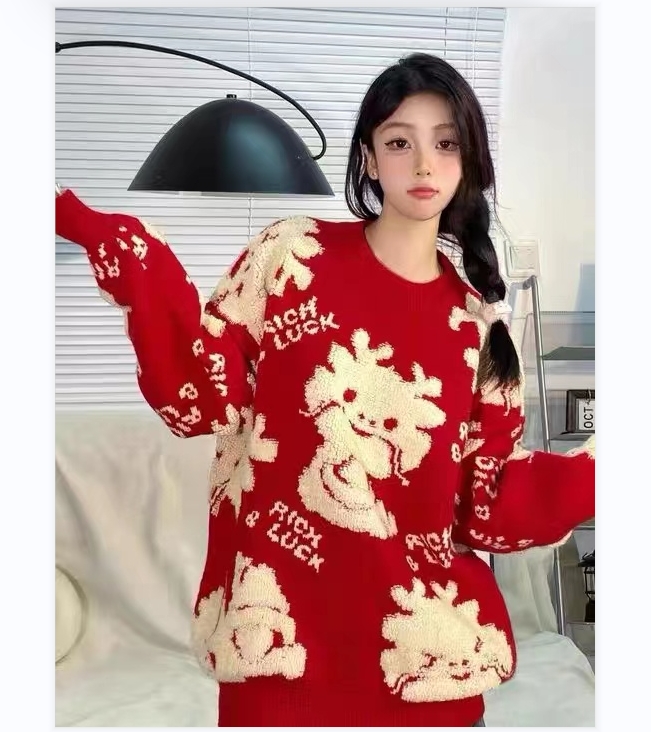 新年龙年毛衣本命年中国红色针织衫圆领女士上衣慵懒风宽松大码