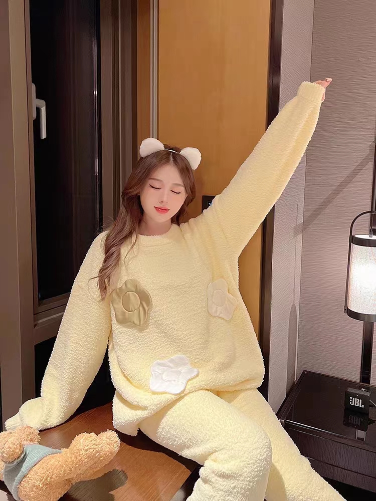 板栗小姐【蜜粉花】软绵绵花朵睡衣女2023半边绒秋冬甜美家居服套装