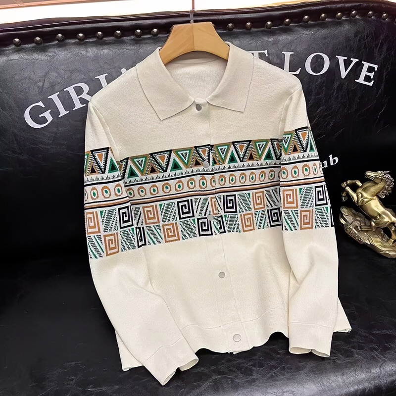 荣祥兴秋冬时尚翻领男士长袖针织开衫高级感提花休闲百搭撞色毛衣