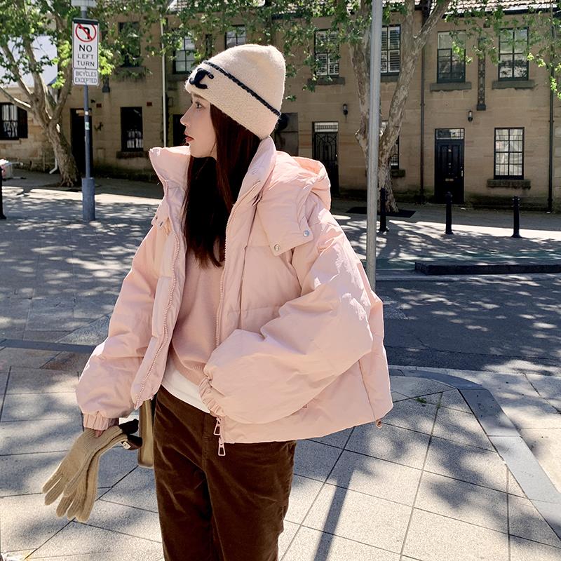奶fufu粉色短款羽绒服女冬2023新款韩系甜美连帽小个子白鸭绒外套