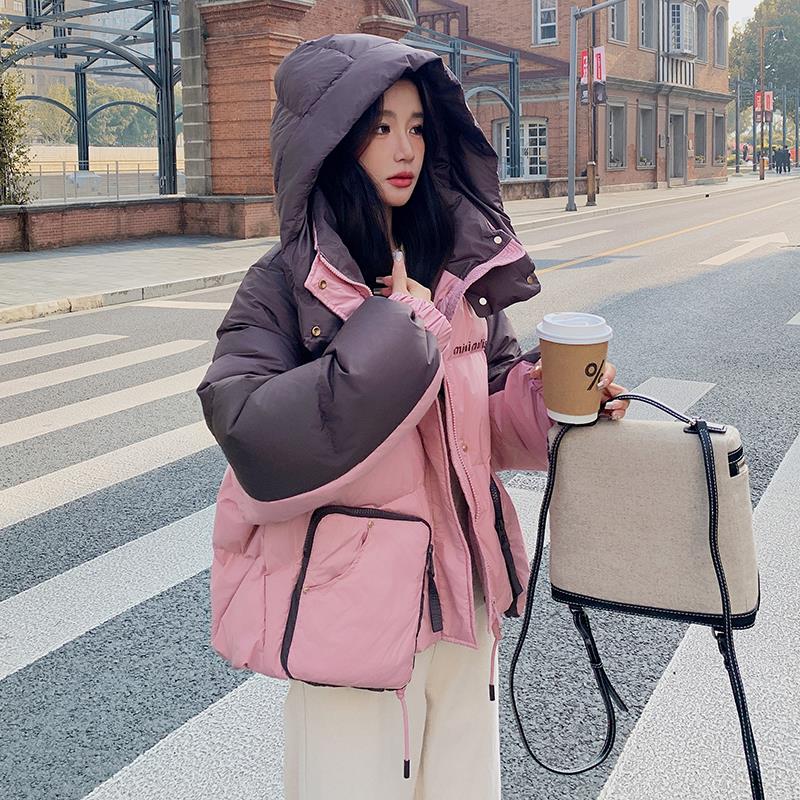 韩版粉色撞色短款羽绒服女2023冬季新款白鸭绒加厚面包服连帽外套