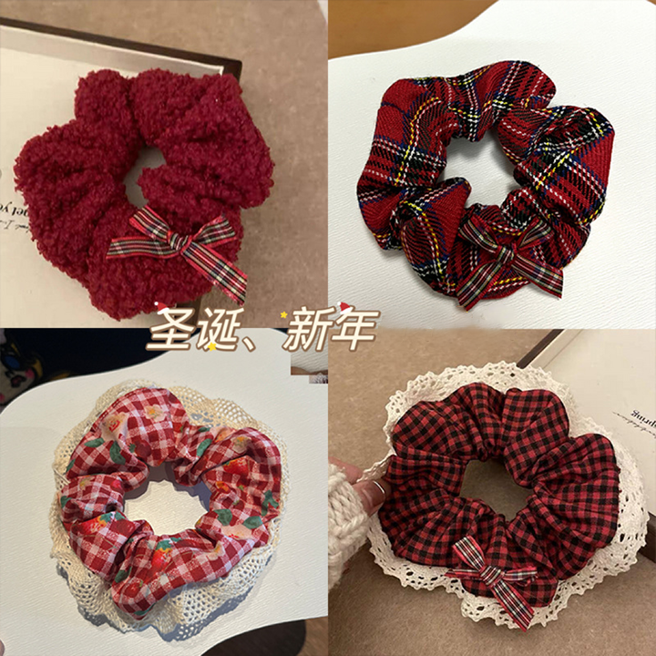 新年圣诞红色格子大肠发圈女生秋冬韩系复古高级感头饰高弹力发绳