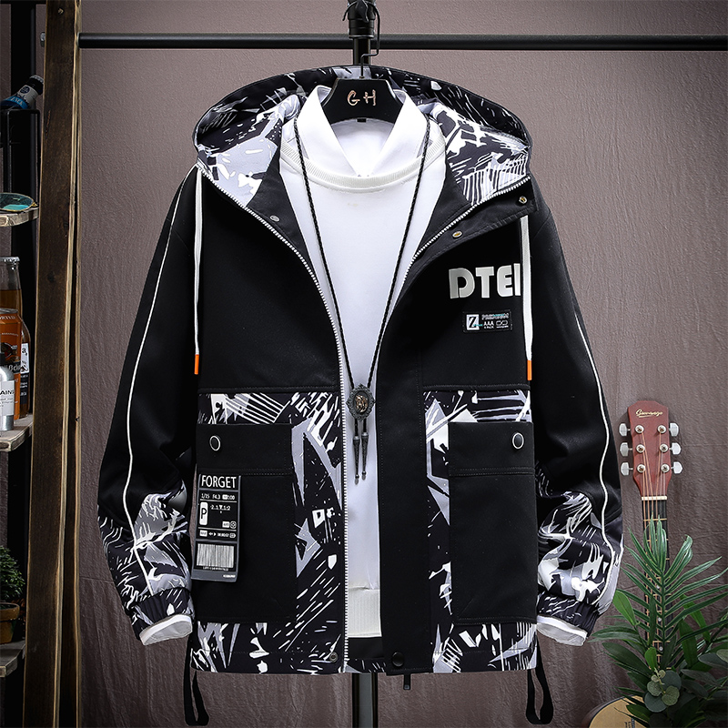 男士外套秋冬季休闲工装拼色夹克青少年学生潮流加绒加厚百搭上衣