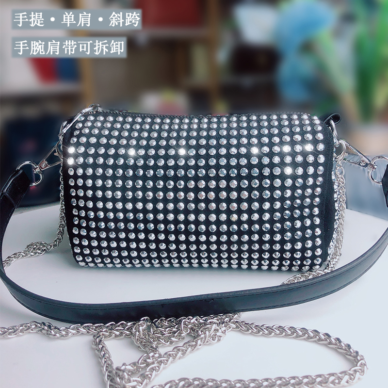 时尚银色烫钻包包女铆钉女包链条水钻斜挎包镶钻手提包带钻手机包