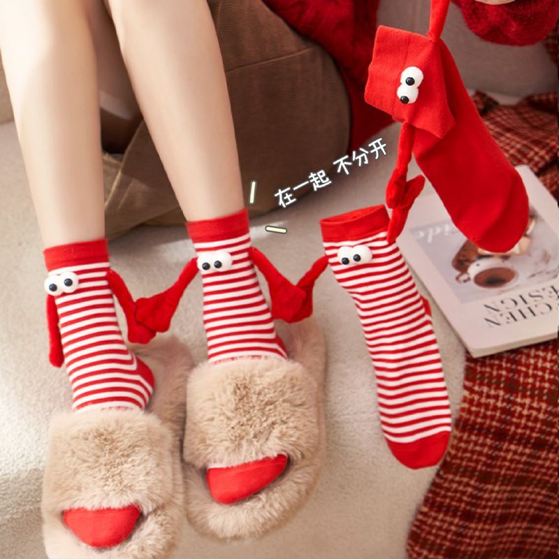 牵手袜新年伴娘袜子情侣袜子牵手袜爆款搞怪条纹棉红袜子可爱透气