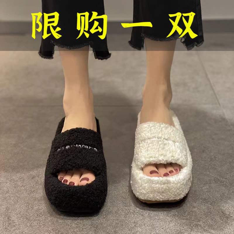 百丽纯爱坡跟厚底毛毛棉拖鞋女夏秋季2023年新爆款网红外穿居家