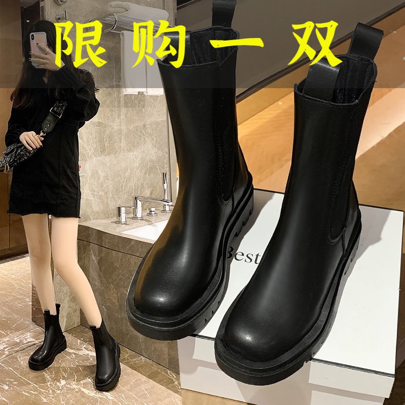 红蜻蜓牌烟管马丁靴女鞋子2023春秋新款时尚百搭中筒靴厚底短靴