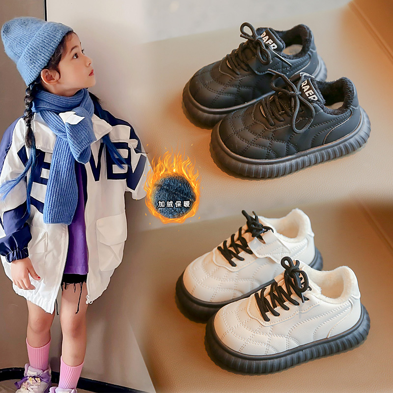 回力瑞冬季童鞋加绒保暖时尚休闲纯色小童皮面软底棉鞋防滑宝宝鞋