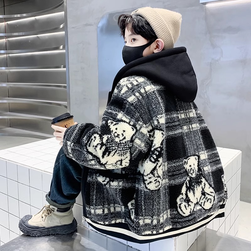童装男童冬装加绒外套秋冬款2023新款男孩中大童加厚羊羔绒毛毛衣