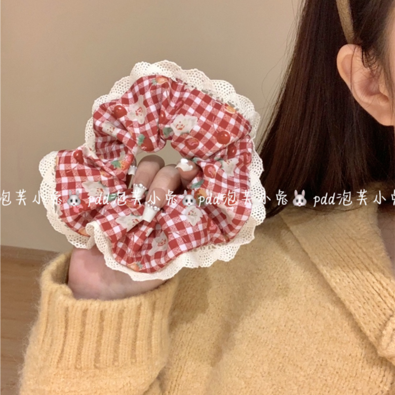 甜妹蕾丝花边浪漫大肠圈甜美少女格纹樱桃发圈丸子头扎发头绳头饰