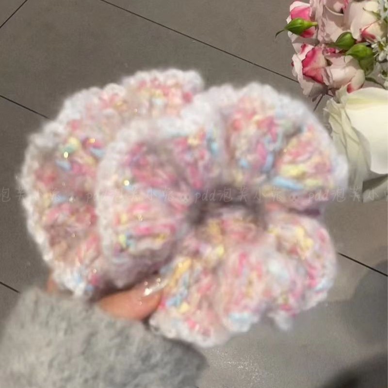 奶油色毛线针织手工编织棉花糖大肠发圈甜美温柔丸子头扎发发饰品