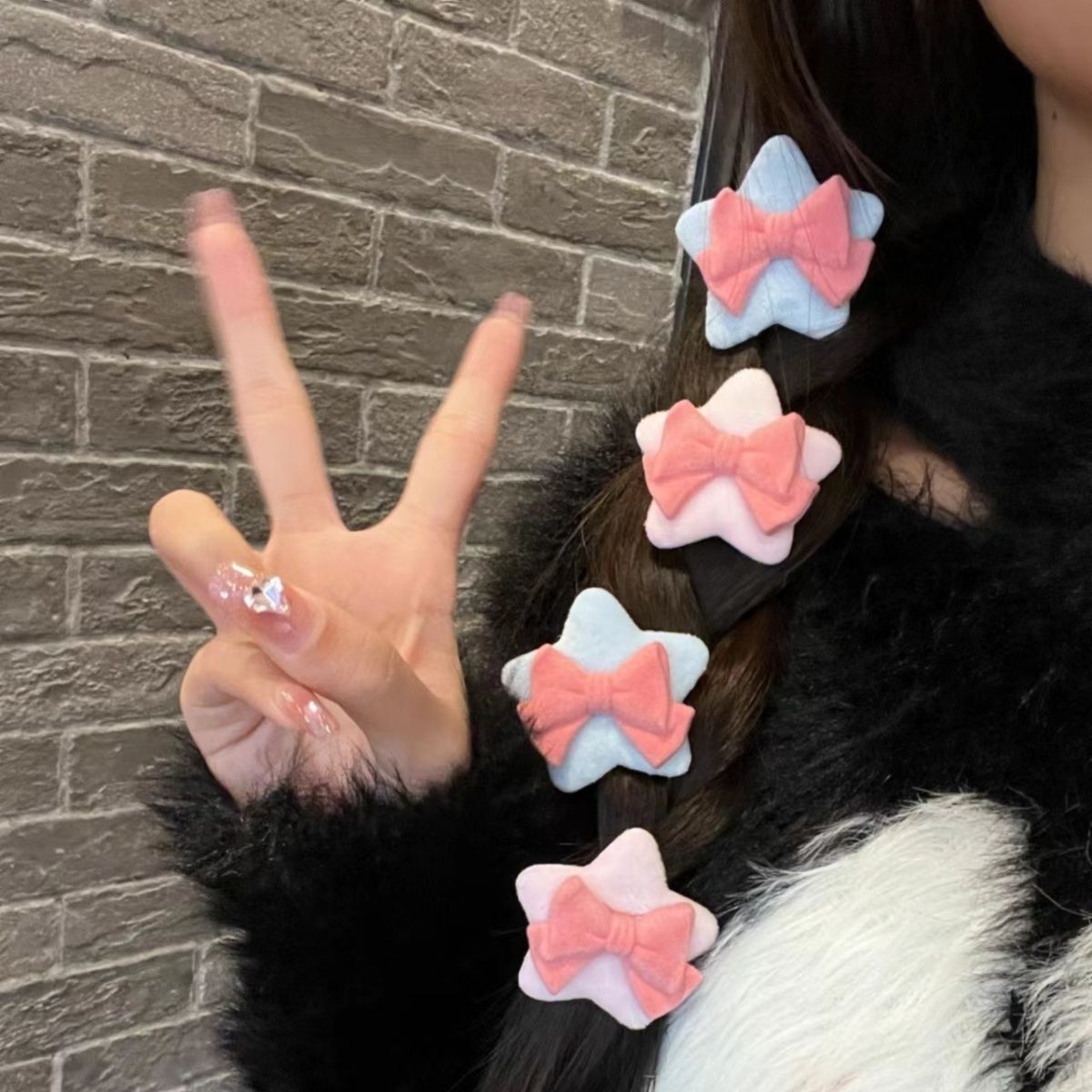 秋冬甜美可爱毛茸茸粉色蝴蝶结星星海绵发夹小众少女感刘海边夹子