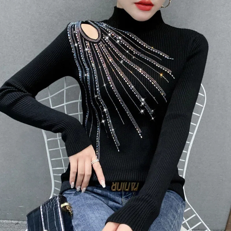 2023秋冬新款烫钻镂空半高领打底毛衣女洋气设计感性感针织衫上衣