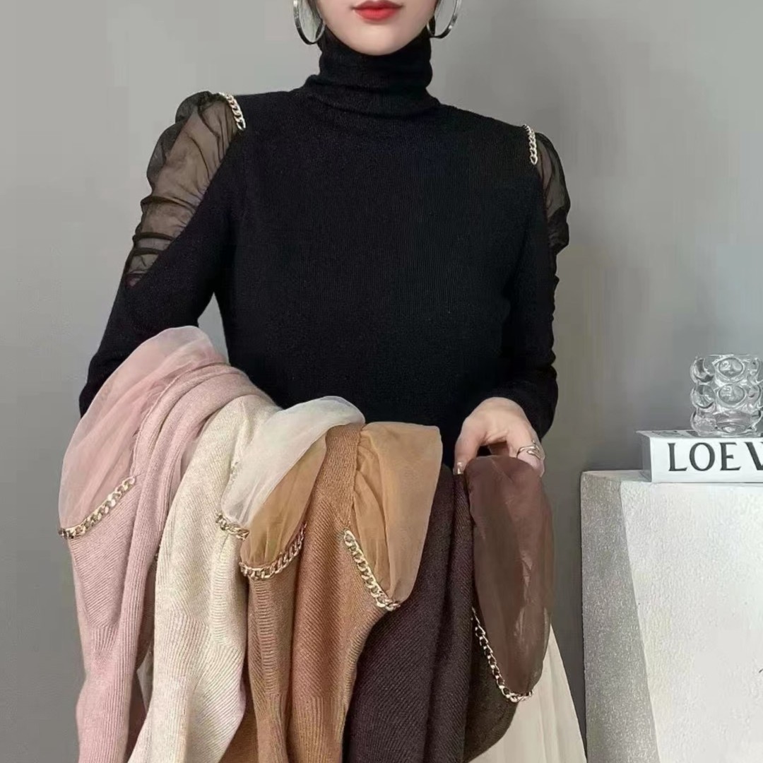 堆堆高领针织打底衫女秋冬新款时尚性感露肩拼接网纱内搭毛衣潮