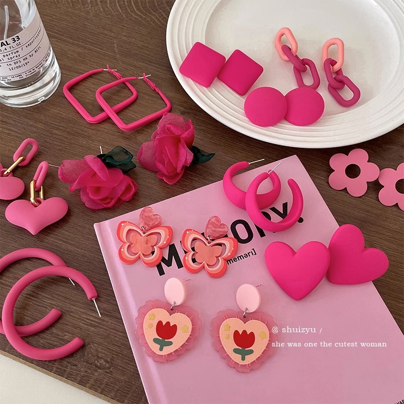 粉色芭比耳环高级感耳饰度假小众花朵爱心耳环耳圈女