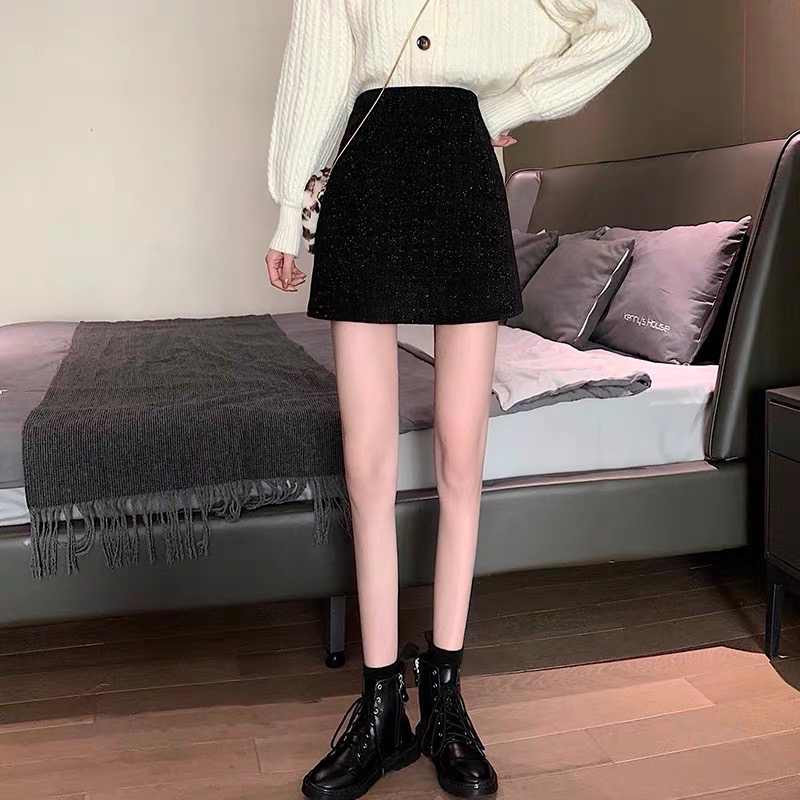 【团子女装】短款秋冬亮片裙高腰显瘦气百搭开叉小香风A字星空裙