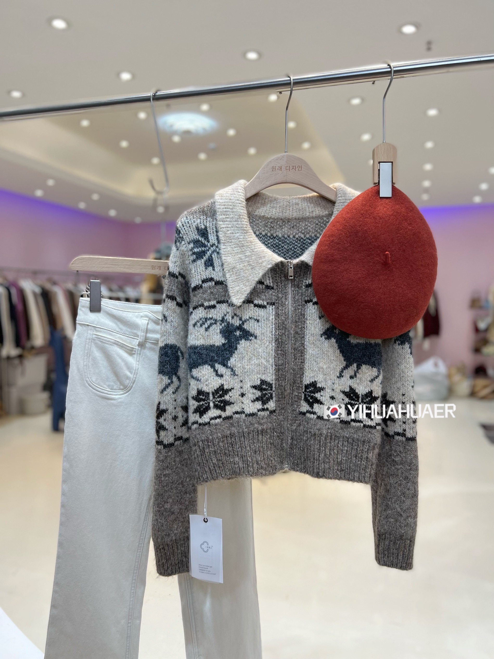 韩国原单X【枫叶小鹿】东大门韩版新款复古百搭毛衣7971现