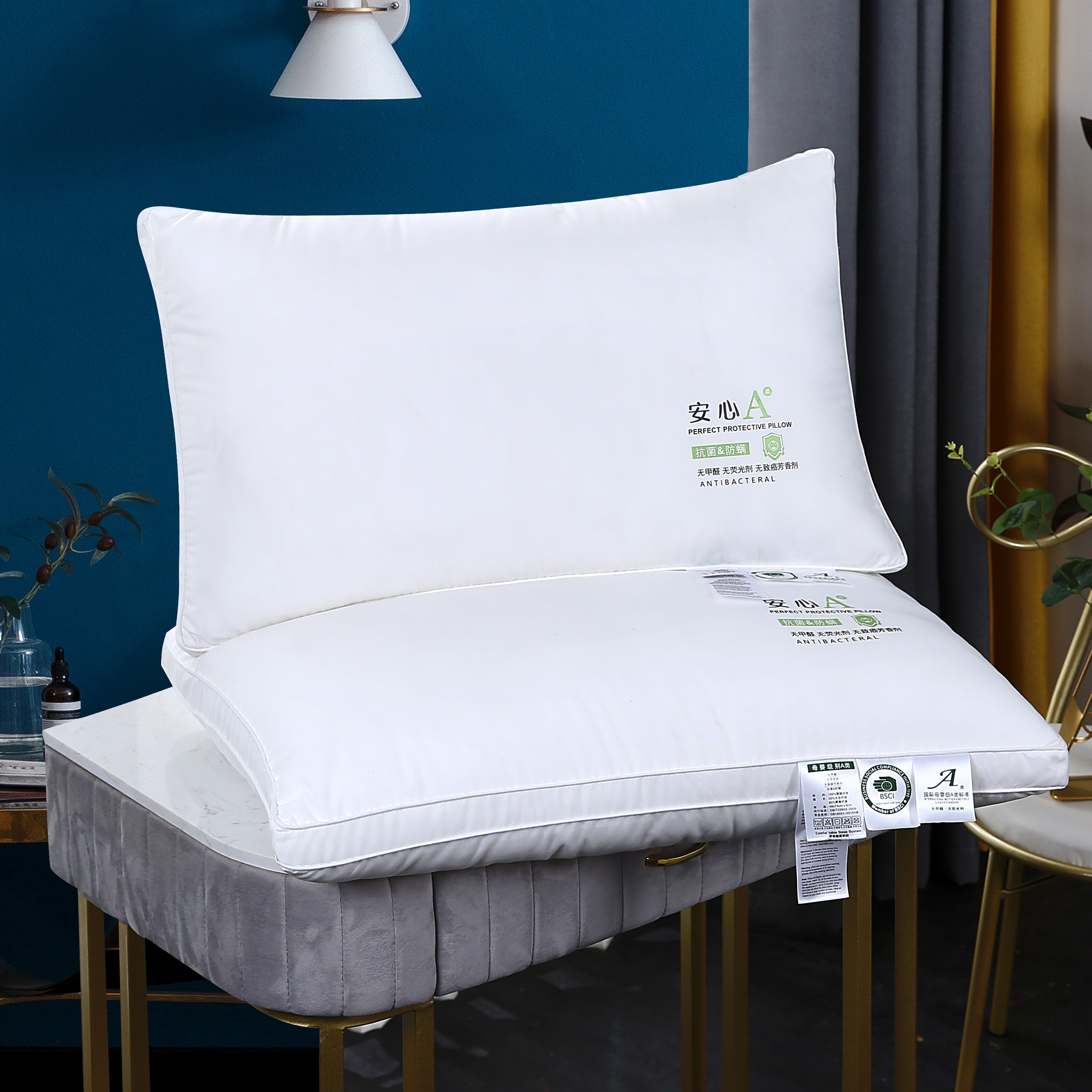 A类母婴级星级酒店双边立体抗菌防螨无荧光高回弹安心枕头枕芯