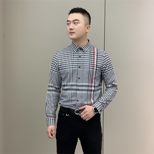 男款男士2024秋季新款经典百搭休闲抗皱免熨黑白格子衬衫（0003）