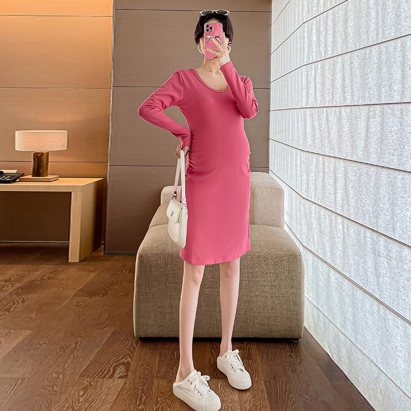 孕妇装秋装连衣裙小个子长袖恤中长款棉质上衣2023新款大码裙子