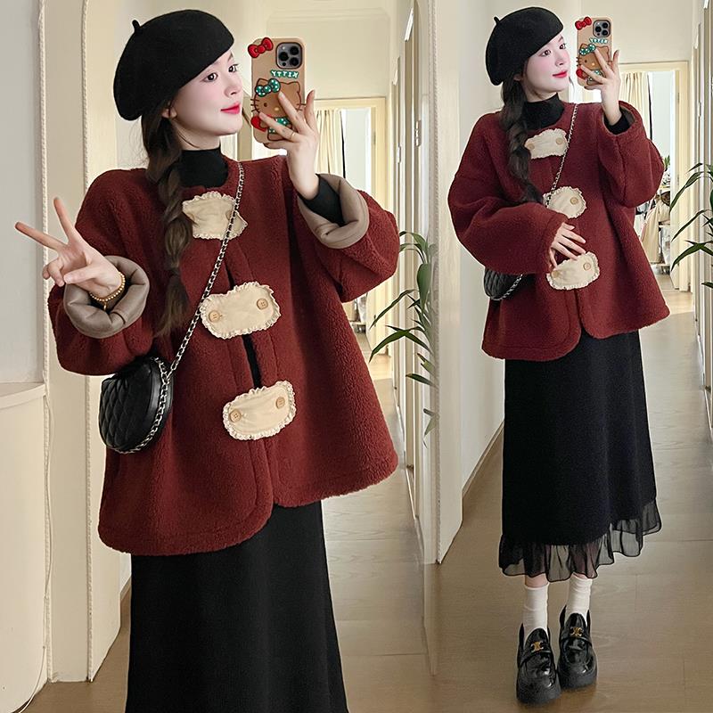 孕妇装2023新款秋冬套装红色过年外套加厚连衣裙打底衫两件套冬季