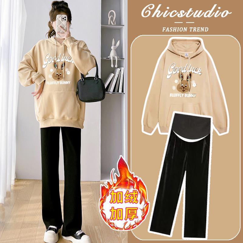 孕妇套装秋冬2023新款加绒加厚厚棉宽松连帽休闲上衣裤子两件套
