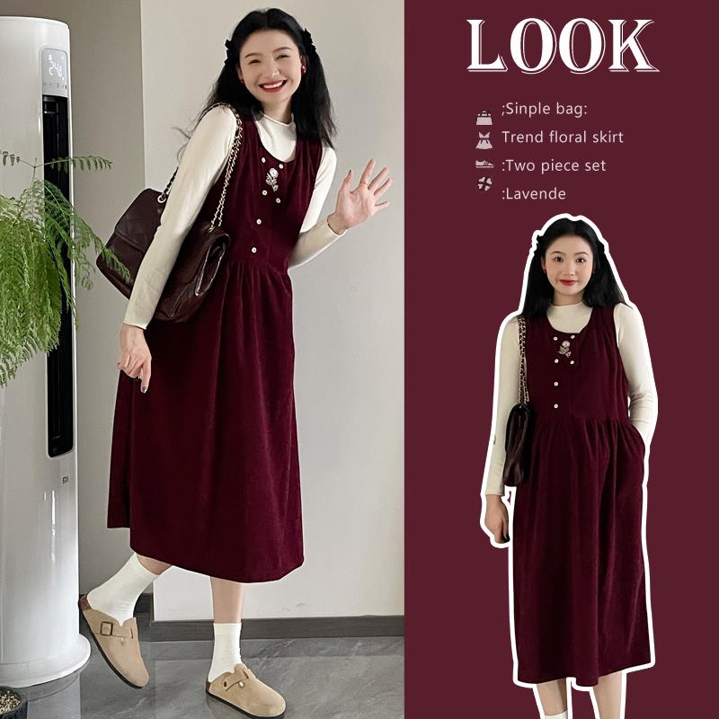 孕妇秋装套装2023新款秋季打底衫时尚灯芯绒背带裙洋气时髦秋冬装