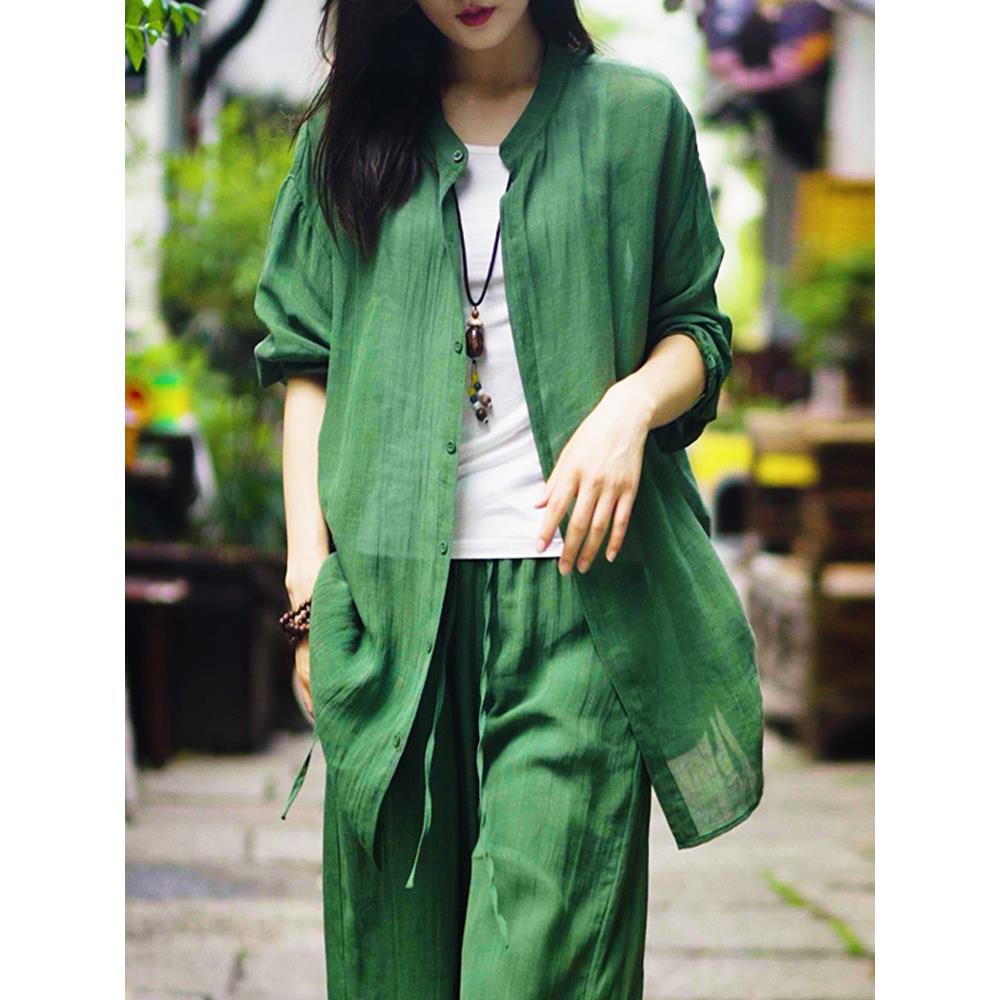 休闲时尚棉麻套装女2023春夏季新款苎麻防晒外套亚麻阔腿裤两件套