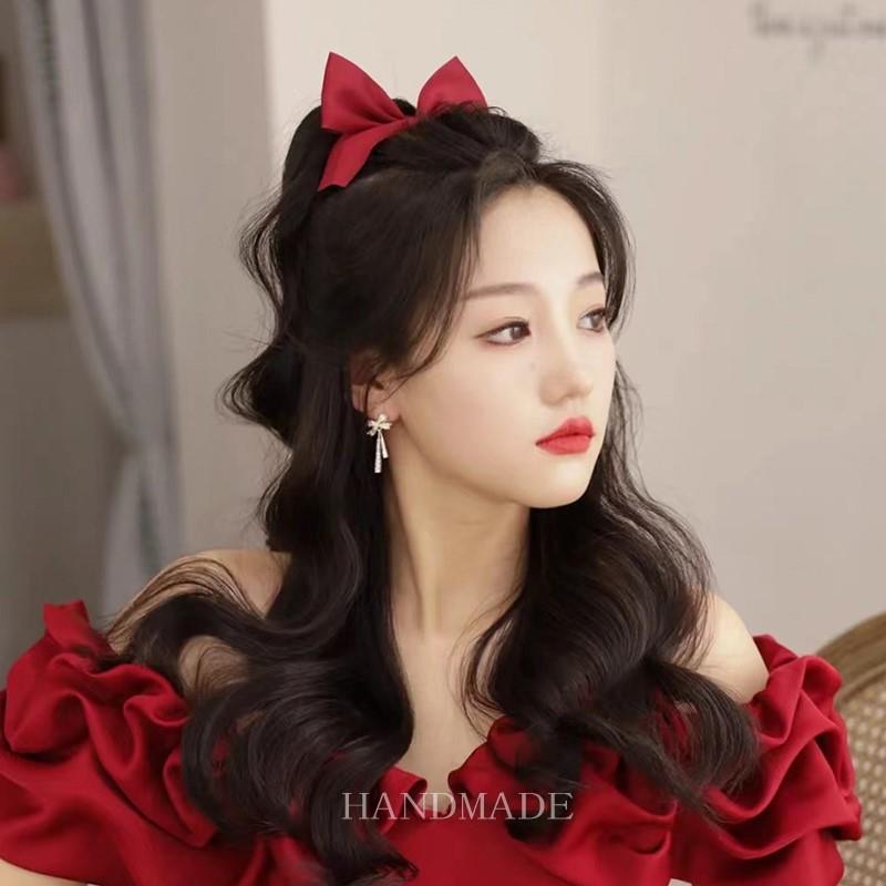在逃公主红色蝴蝶结发夹女敬酒服高级感头饰高颅顶鸭嘴夹订婚发饰