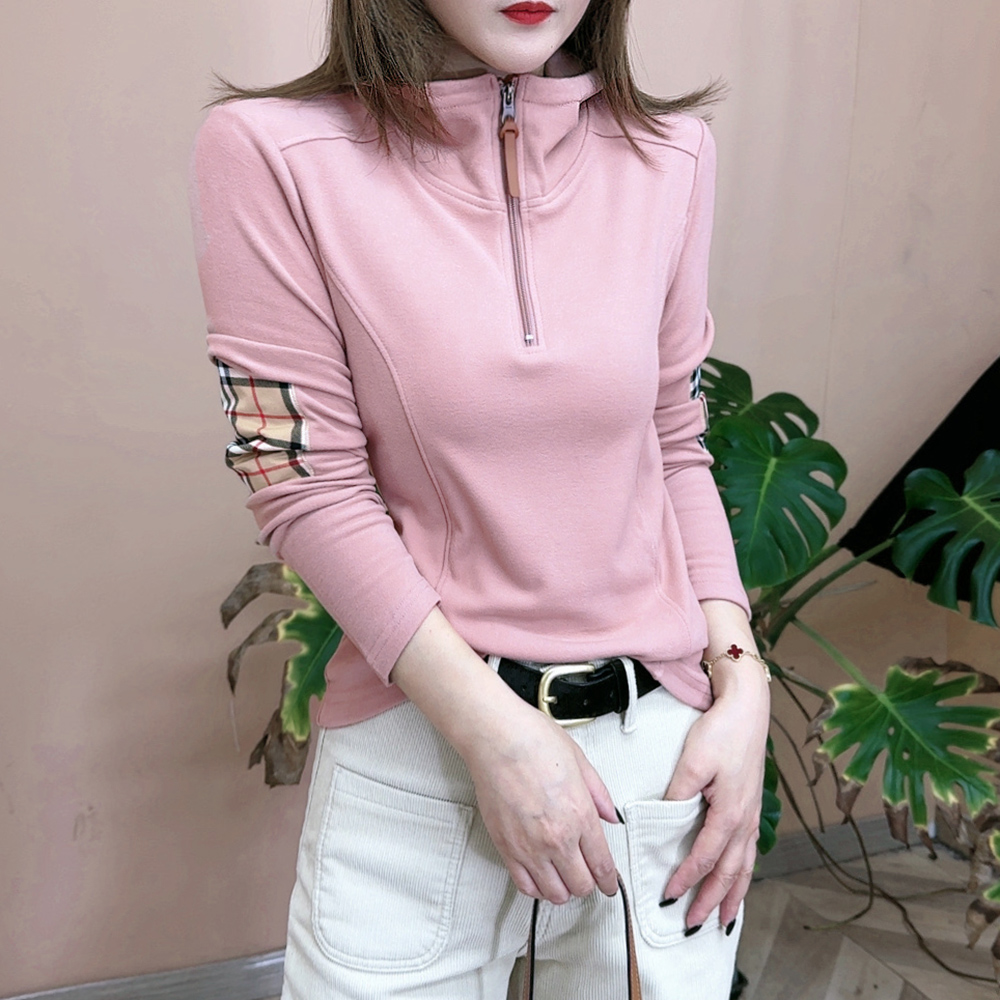 2023秋冬新品时尚打底衫加绒加厚长袖T恤高领半拉链女士上衣7102