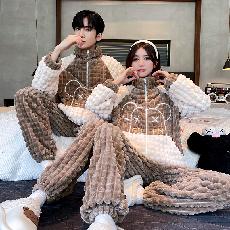 情侣款睡衣女秋冬季男士加厚可爱卡通青年法兰绒家居服套装
