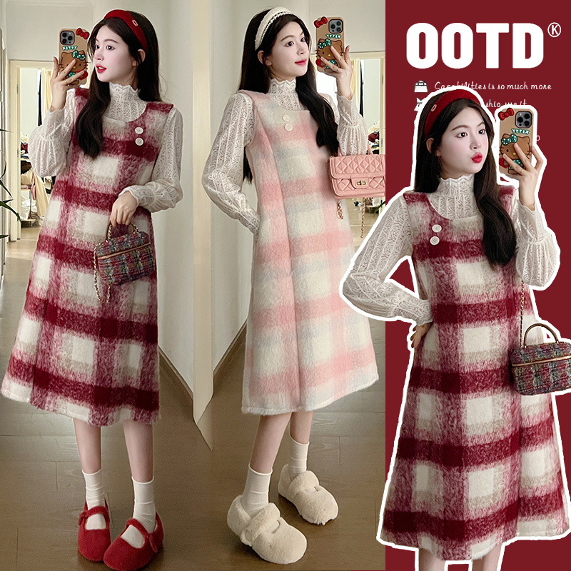 孕妇套装2024新款春秋季洋气格子背带裙高级感小个子连衣裙两件套