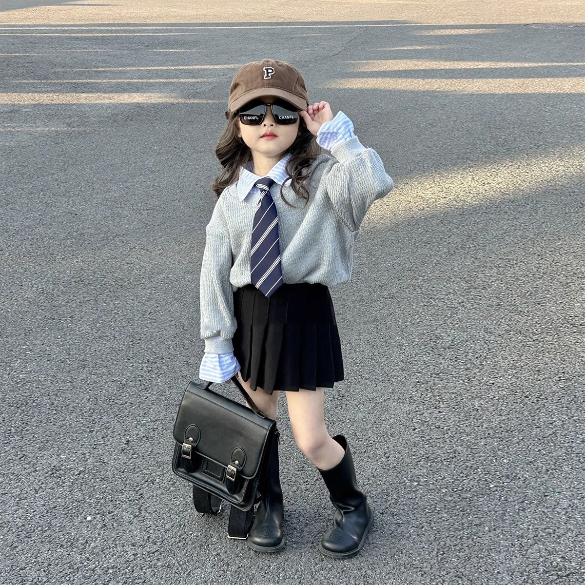 壹妈韩版童装女童秋冬学院风套装儿童假两件卫衣百褶裙洋气两件套