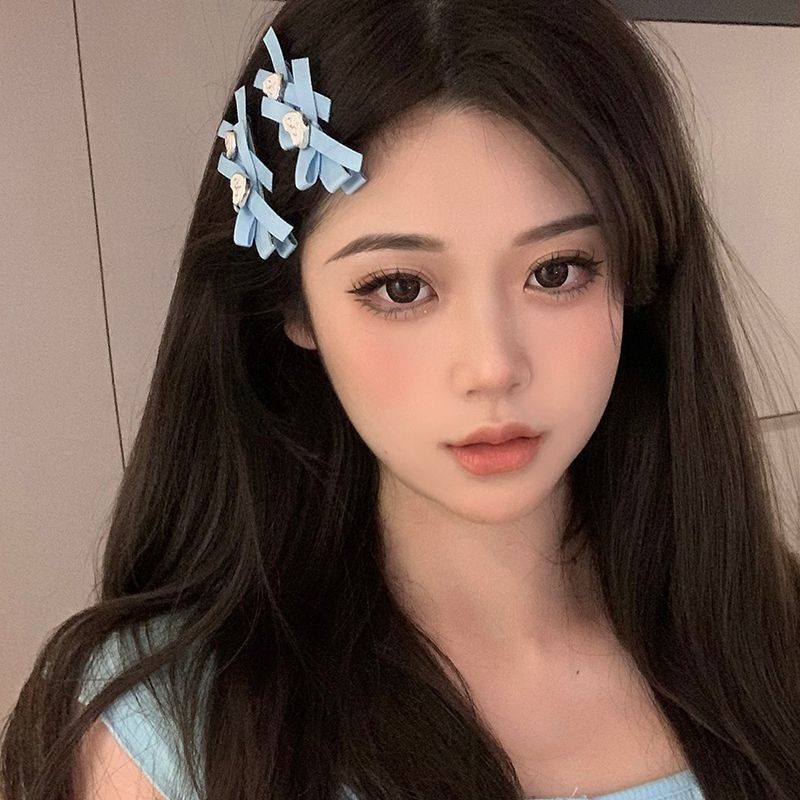 婴儿蓝爱心丝带发夹可爱简约一字夹刘海夹百搭侧边夹鸭嘴夹发饰女