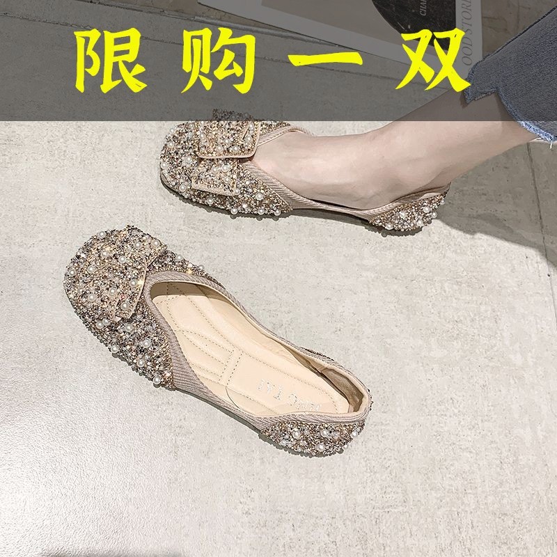 百丽纯爱单鞋女低跟小香风秋款珍珠平底瓢鞋一脚蹬温柔复古百搭