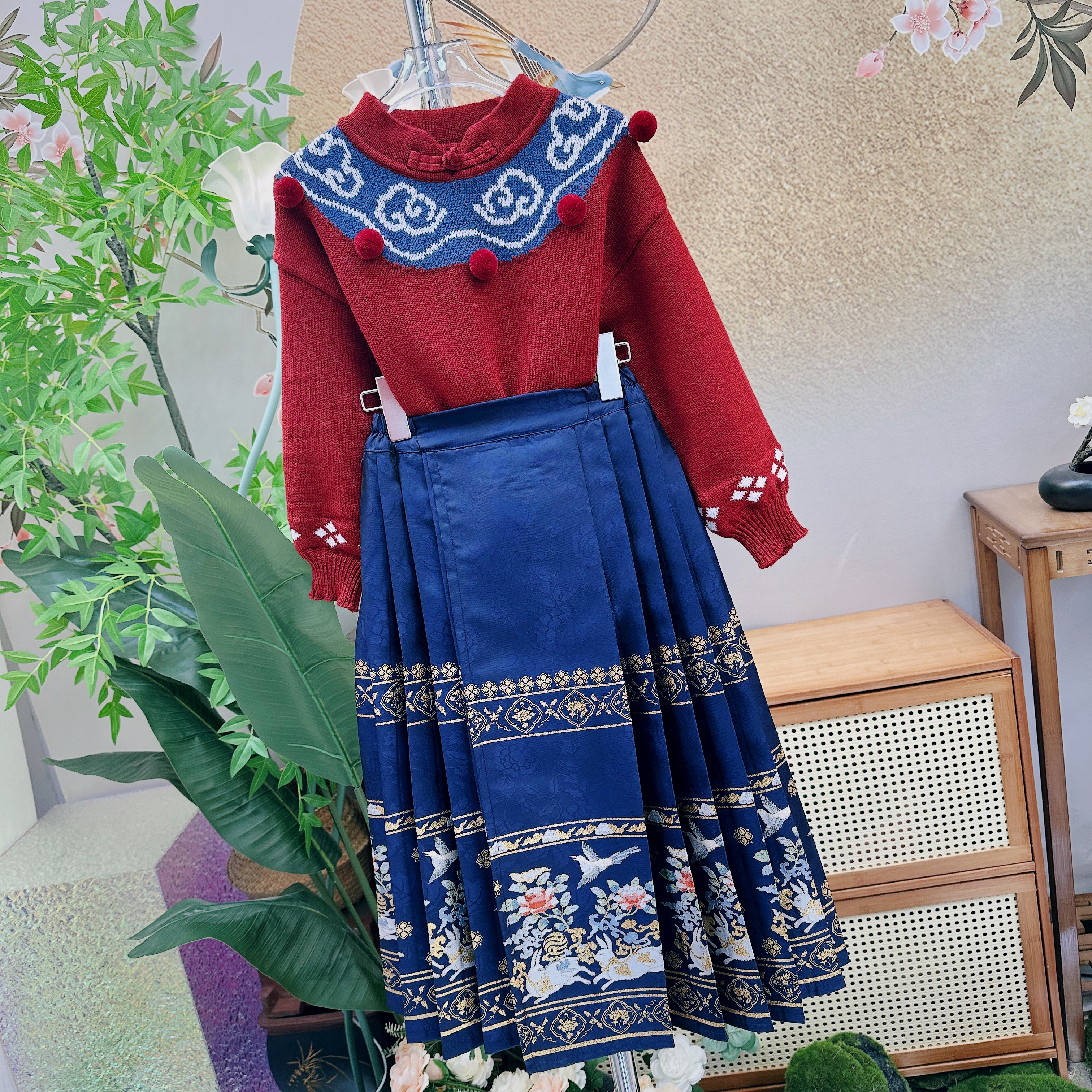 Z【蓝色马面裙毛衣套装】明制马面裙套装汉服亲子款装儿童国风女童