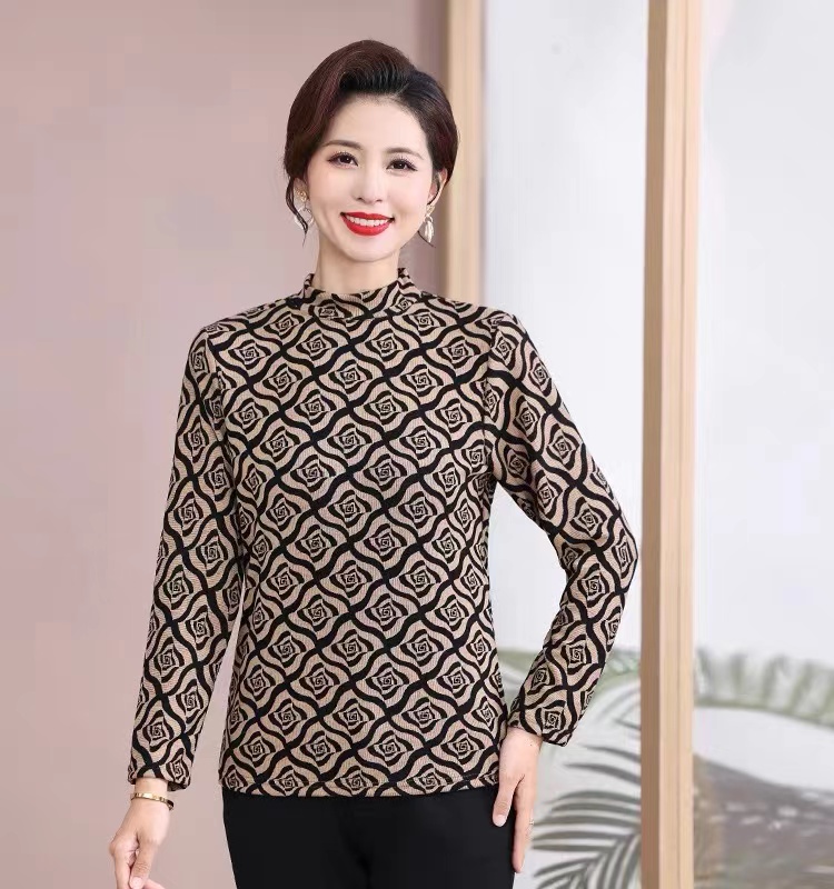 半高领洋气妈妈装打底衫秋冬款加厚长袖印花上衣