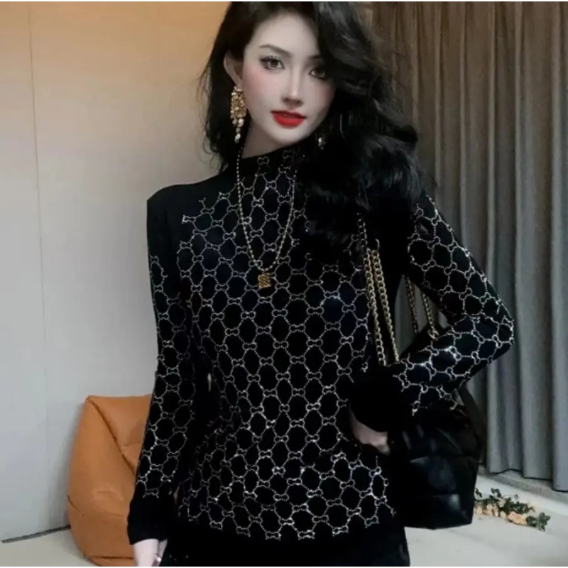 S123半高领烫钻长袖MH2025气质时尚显瘦修身秋冬黑色百搭加绒加厚