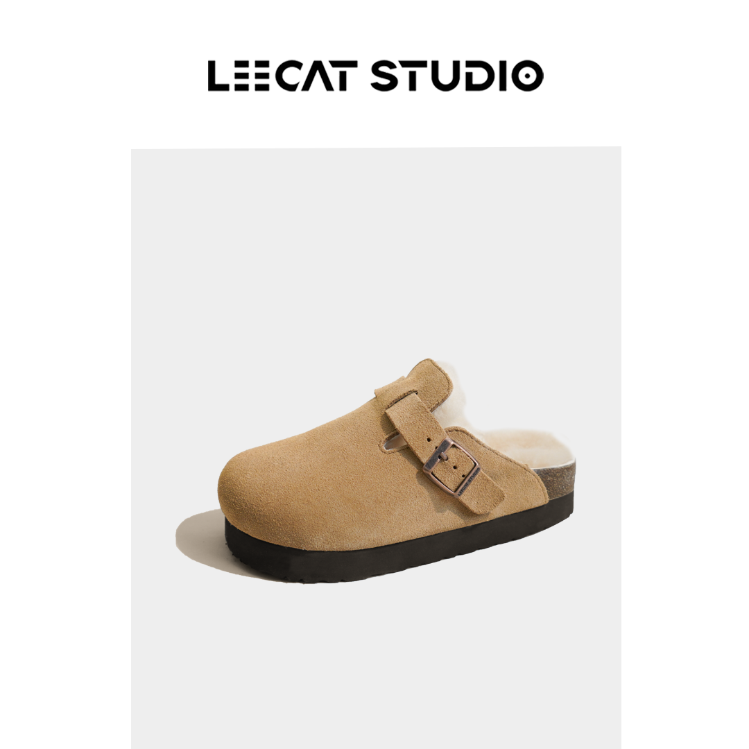 LeeCat Studio | 新款女加绒毛毛外穿包头勃肯鞋内增高半拖厚底