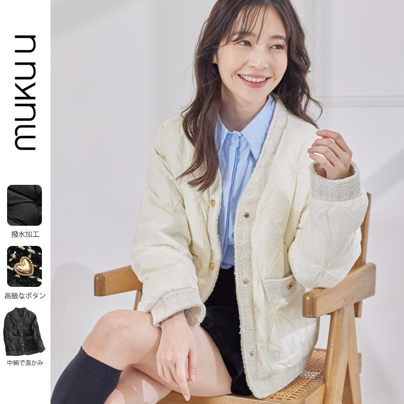 日本mukuu 小香风白鸭绒羽绒服轻薄气质休闲设计感时尚V领外套
