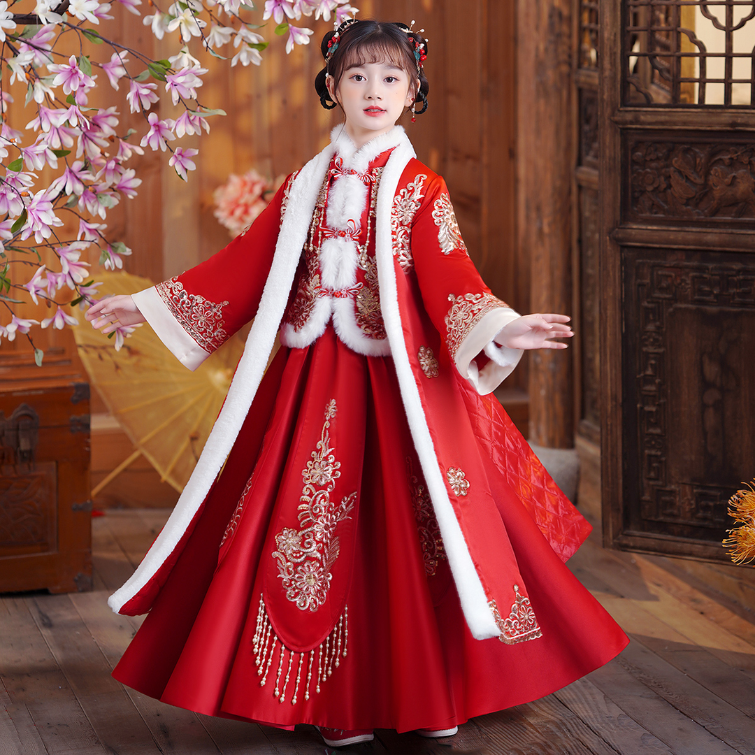 拜年服女童新年装中国风冬季过年汉服唐装加厚冬装儿童宝宝红色