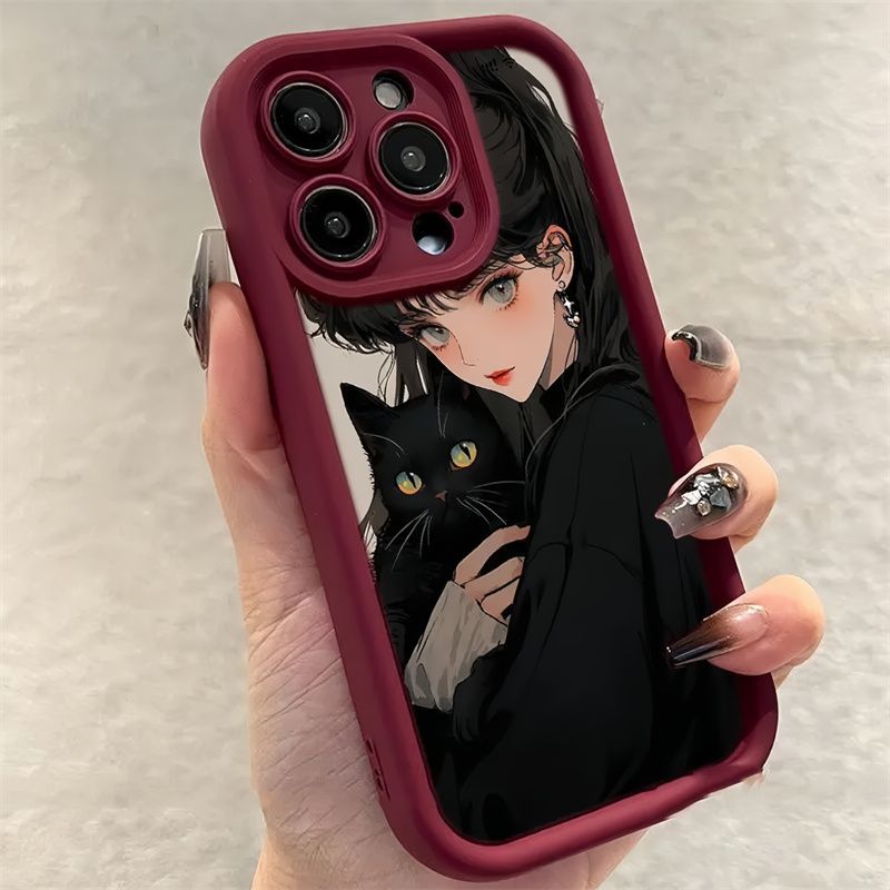 黑猫女孩苹果15手机壳iPhone14新款13promax磨砂12女11防摔XSMAX