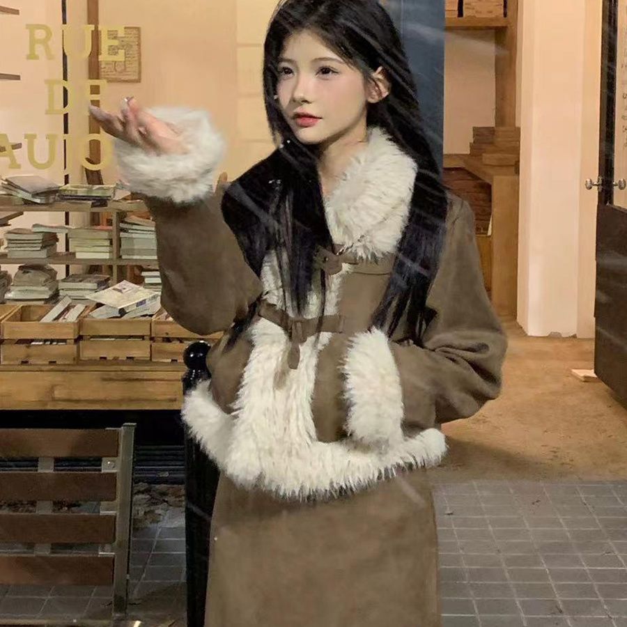 FJ~糖炒栗子”秋冬新款千金风毛领咖色毛呢外套半身裙两件套